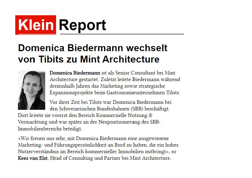200223 Pres­se Clip­ping Klein Report Dome­ni­ca Bie­der­mann Neu