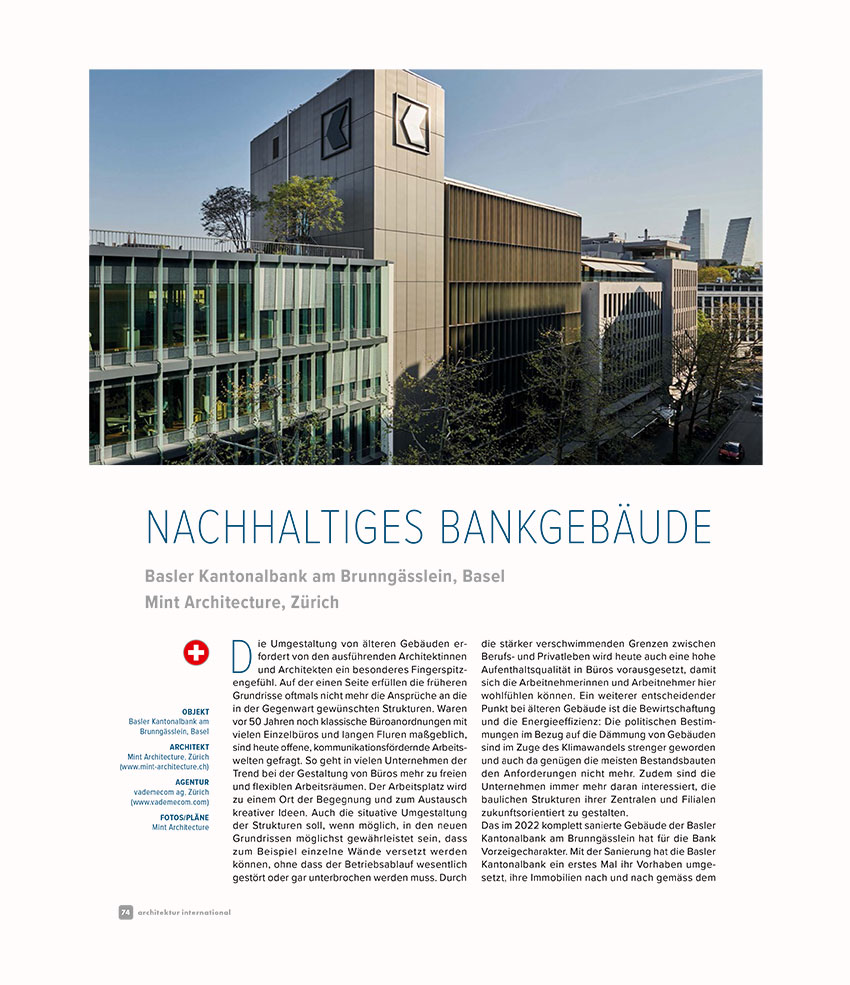 Archi­tektur Inter­na­tional Mint Architecture Basler Kanto­nalbank Am Brunn­gässlein Banking Finance