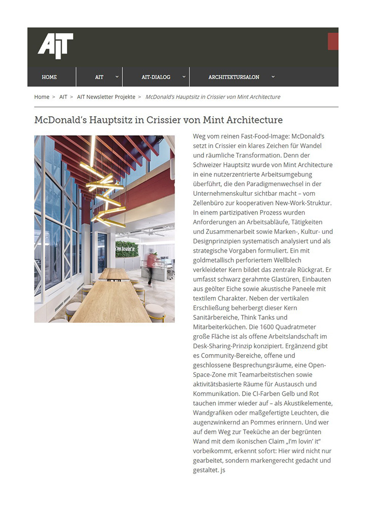 AIT Newsletter Mint Architecture Hauptsitz Mcdonalds